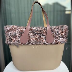 O Bag Beige Tote with Knit‎ Tweed Top Trim & Pink Handles
